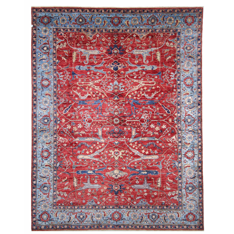 Tapis rouge et bleu noué à la main de haute qualité