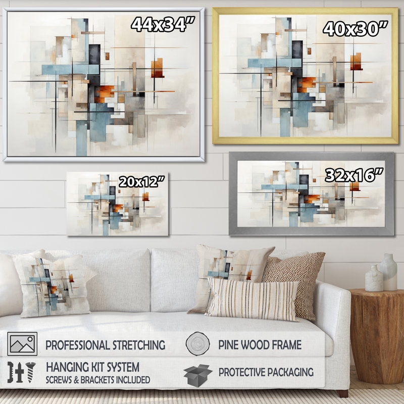 «Beige bleu sarcelle» - Reproduction sur toile, H 34 po x l 44 po x P 1,5 po, Cadre flottant doré