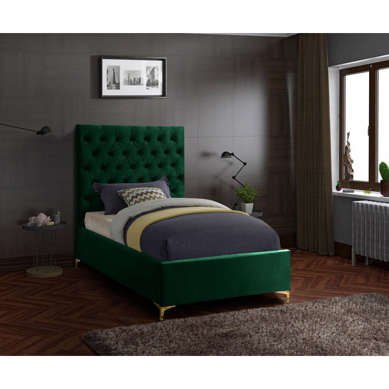 Lit plateforme tapissier Cruz, Lit simple, Velours vert
