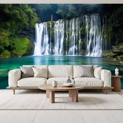 Peel and Stick Wallpaper Serene Stream Waterfall Mossy Rocks Crystal Clear Pool Forest Landscape Wall Murals 69"H x 96"W Removable PVC Wall Paper Self-Adhesive Wall Decor for Bedroom Living Room Home Office