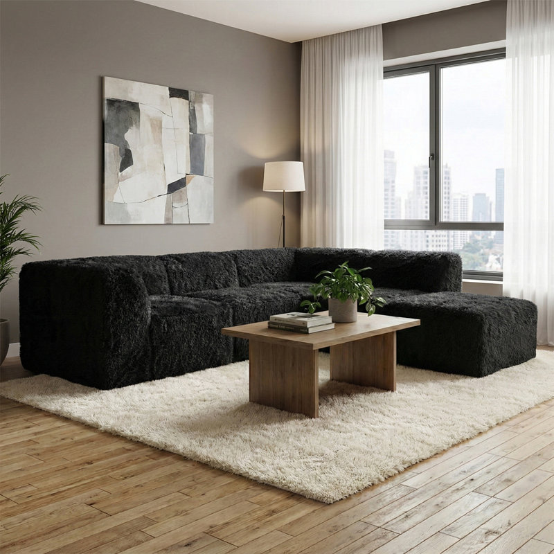 Dozie 5-Piece Faux Fur Foam Modular Compressed Sectional, Black