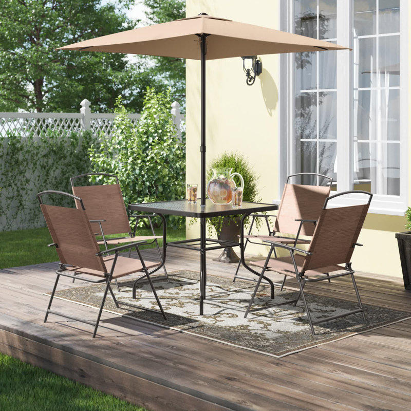 Ensemble de salle à manger en métal pour 4 personnes avec table carrée, chaises pliées et parasol Bendeguz, Marron