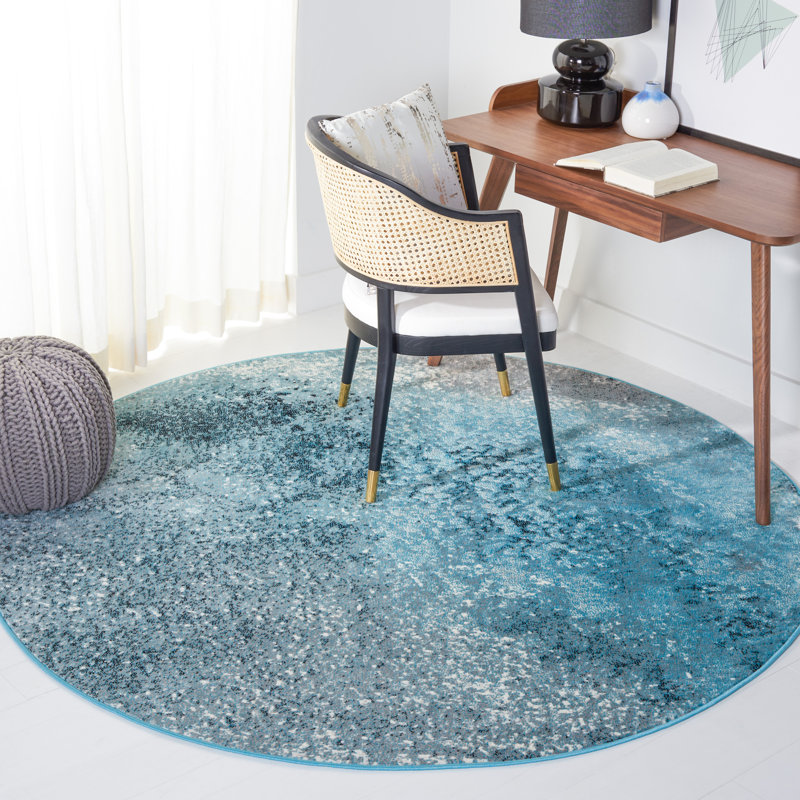 Mclawhorn Abstract Silver / Blue Power Loomed Area Rug, Round 6'7"