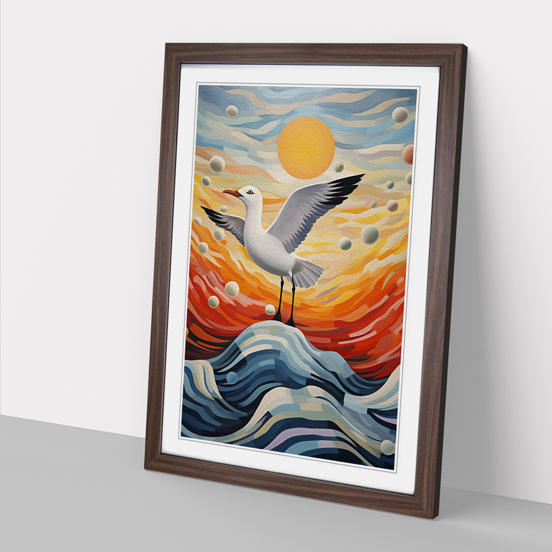 Seagull Abstract - Single Picture Frame Print on Wood, Walnut, 46cm H x 34cm W x 2cm D