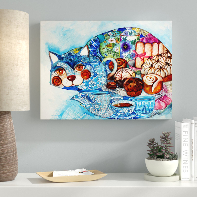 «Déjeuner chat» par Oxana Ziaka - impression sur toile tendue, H 24 po x l 32 po