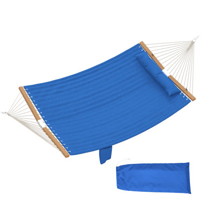 Hamac d'extérieur, hamac pour 2 personnes avec coussin et coussin de tête, barres d'écartement en bois, capacité de 440 lb, pour jardin de patio, 128 po x 55 po, bleu marine