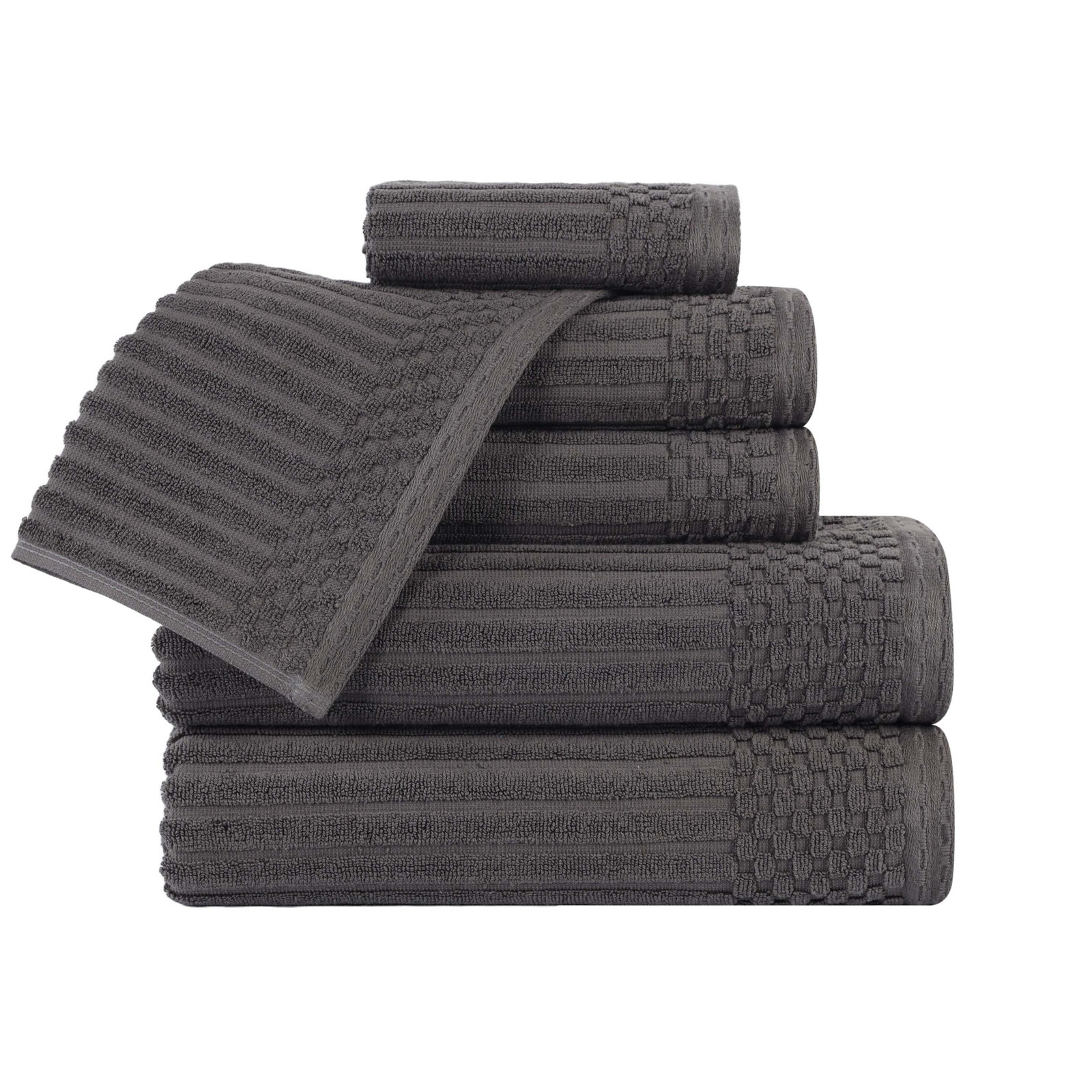 6-Piece Checkered Border Cotton Towel Set, Dark Grey