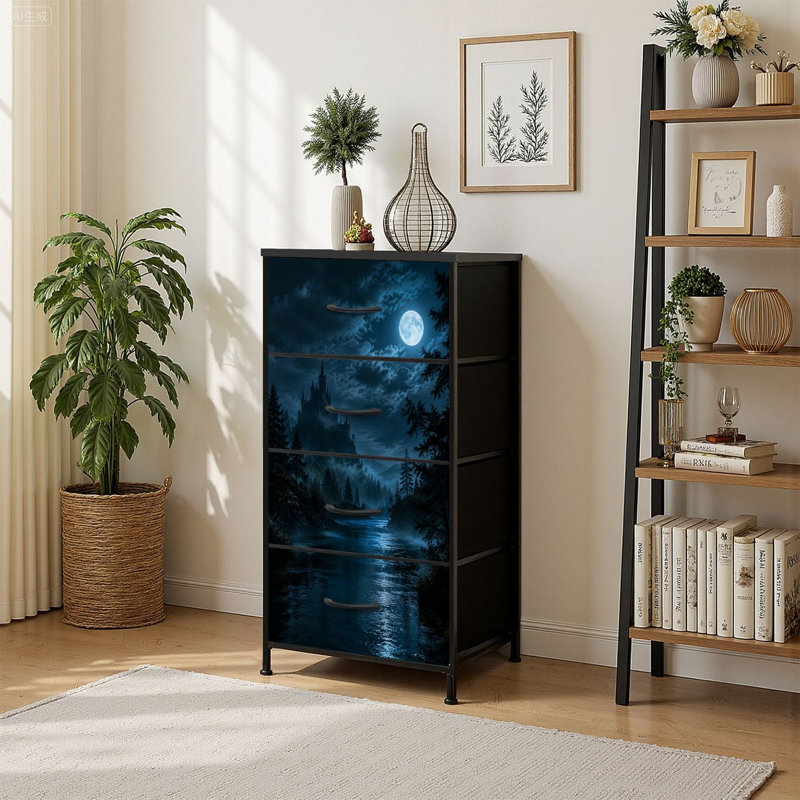 Commode 4 tiroirs à rangement vertical Mystical Castle Under Full Moon Foggy Forest River