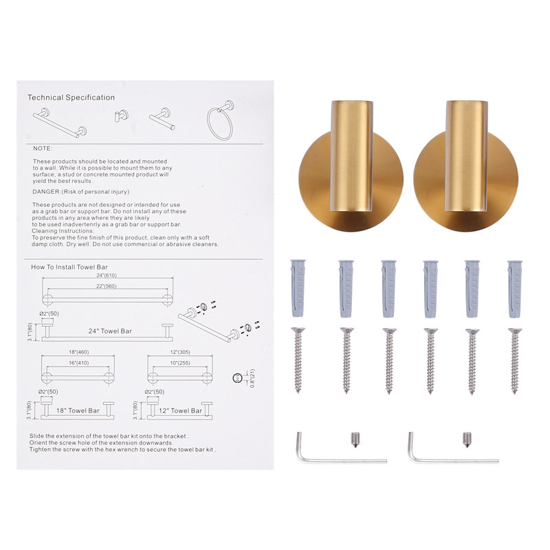 Brushed Gold Stainless Steel Wall Mounted J-Hook Set