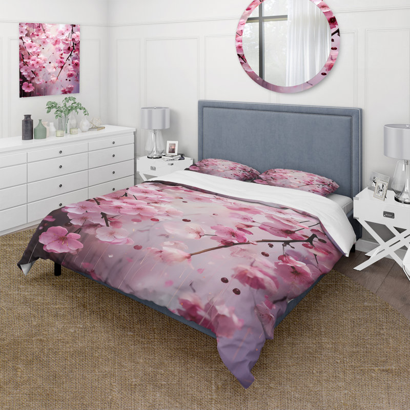 Ensemble de housse de couette cerisier rose en fleur 1 - cerisier rose, Housse de couette pour grand lit et 2 taies décor