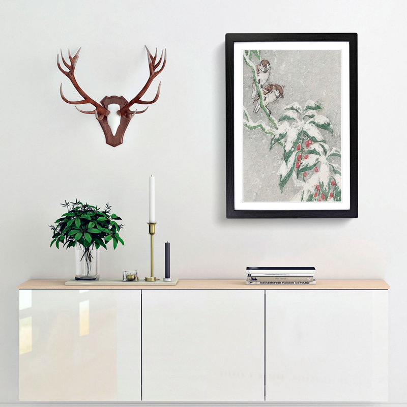 Sparrows on a Berry Bush by Ohara Koson - Picture Frame Painting Print, 36cm H x 27cm W x 2cm D, Black Framed