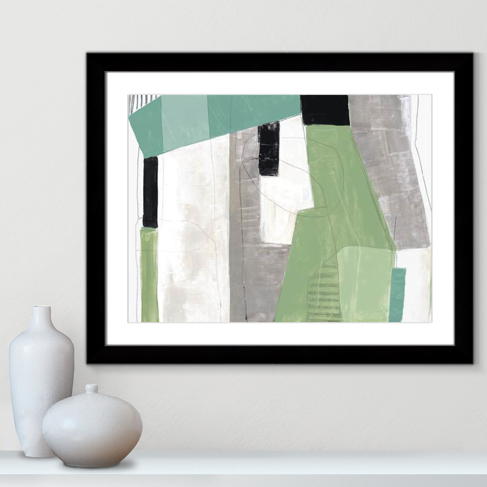 Evergreen Essence Print, 25" H x 31" W x 1.25" D, Black Cube Frame - Matted Fine Art Paper Print, White