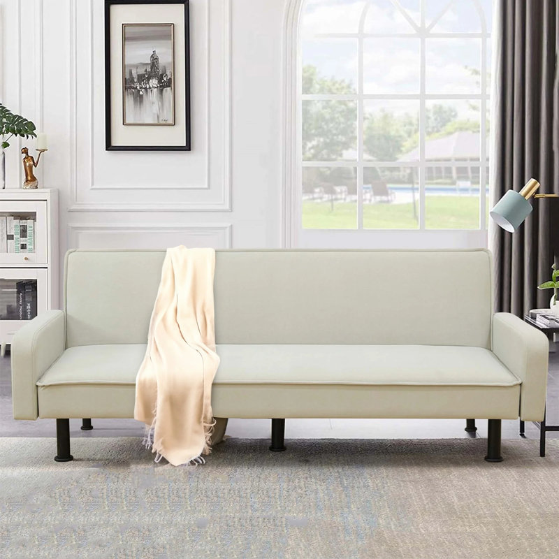 77.5" Square Arm Futon Sofa Bed Upholstered 3 Seat Couch For Home Office, Flannel, Light Gray, Beige Suede