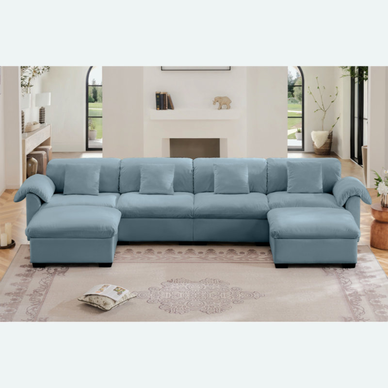 Canapé trois places en velours doux en forme de U, H 33,9 po x l 154,7 po x P 67,9 po, Bleu
