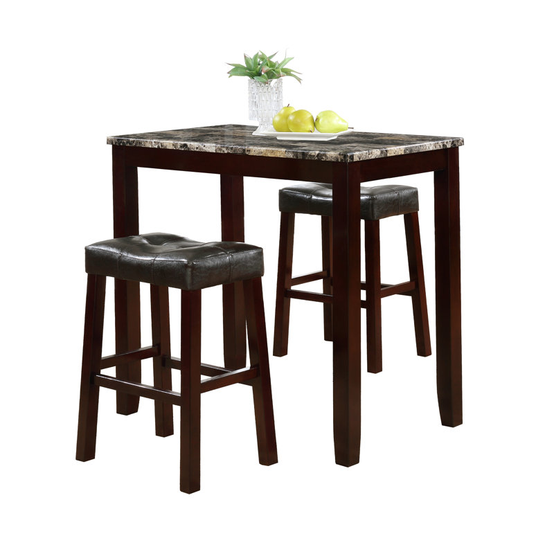 Mient 3-Piece Counter Height Glossy Print Marble Breakfast Table With Stools, Espresso