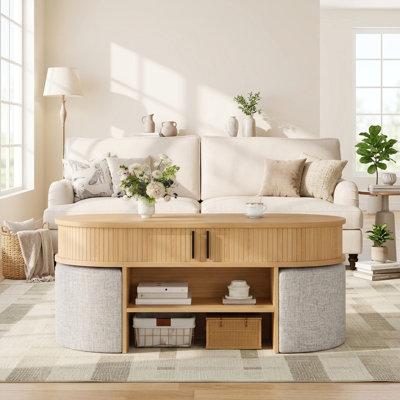 Table basse ovale multifonctionnelle avec rangement et 4 tabourets gigognes en tissu