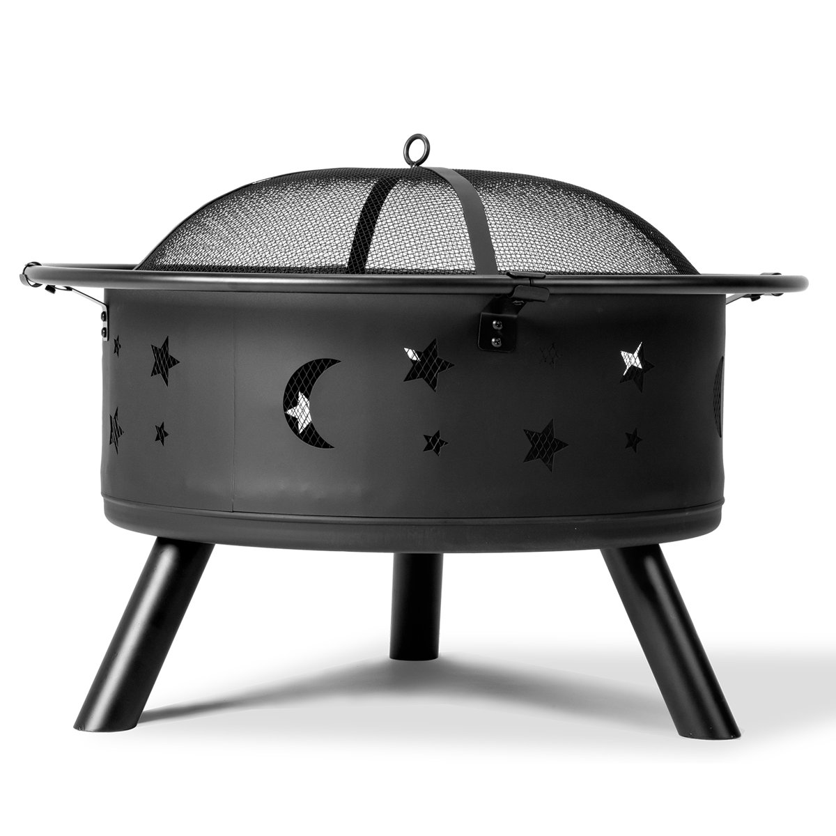 A black firepit with moon and star cutouts on the side