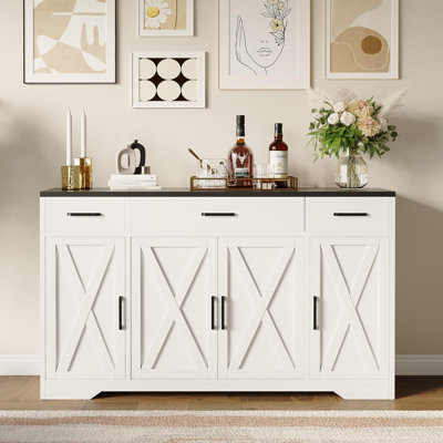 Buffet Buffet avec 3 tiroirs, grande armoire de rangement 55 "avec tablettes et 4 portes, table de bar Farmhouse