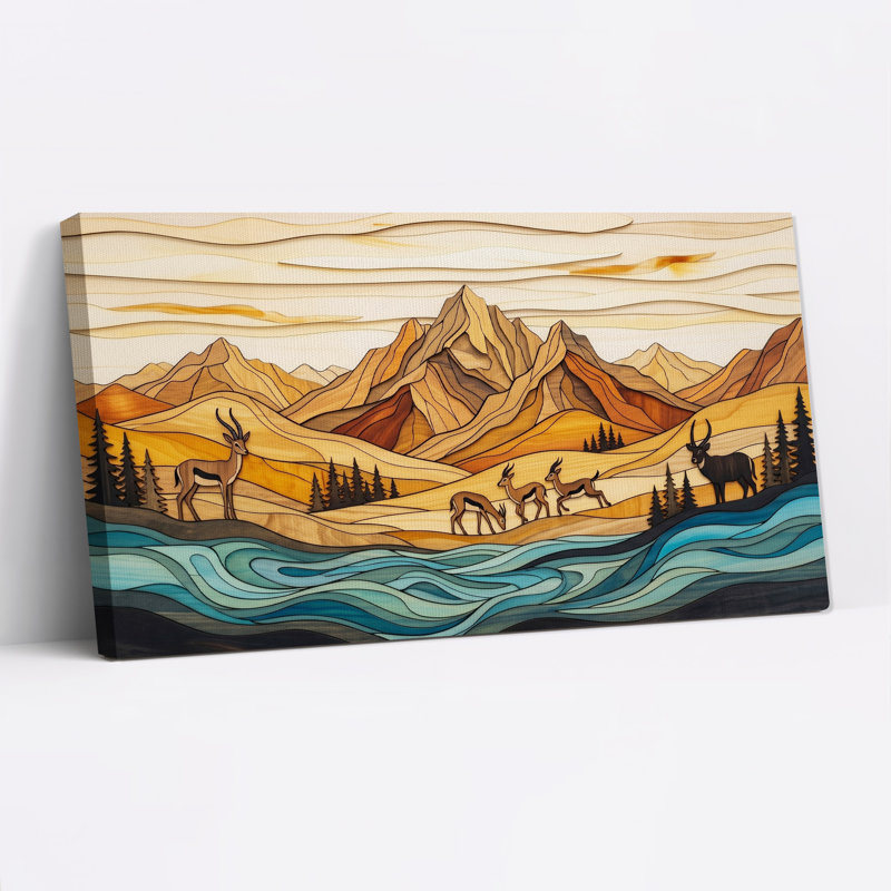 Antilopes près de la rivière Bleue dans des montagnes aux reliefs variés - Tableau sur toile, L 40 po x H 20 po