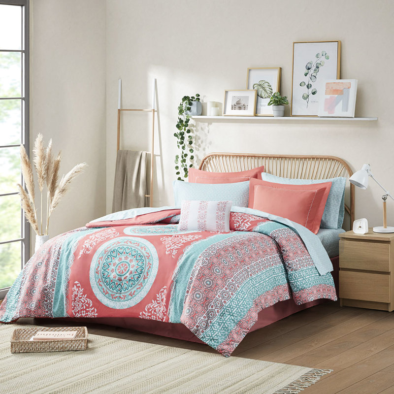 Édredon pour grand lit - médaillon corail, bordures brodées, literie confortable avec imprimé médaillon de draps, taies décoratives