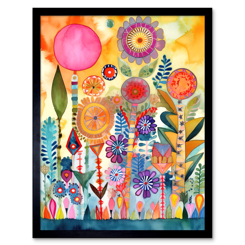 Garden Flowers In Spring Folk Art Watercolour Painting Artwork Framed Wall Art Print 9X7 Inch