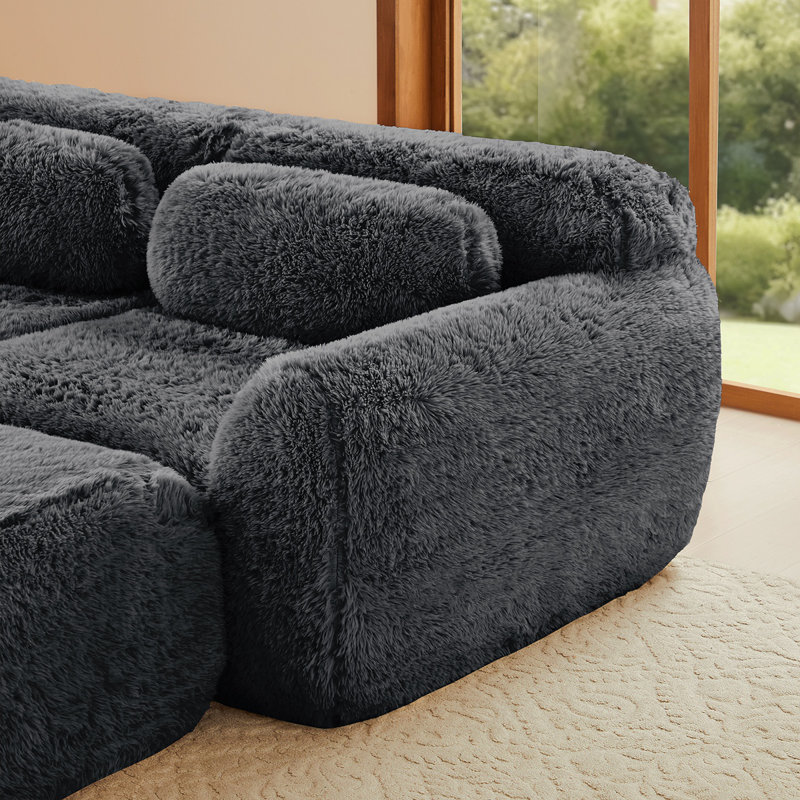 Tissu en forme de L, moelleux et moelleux, canapé sans os, avec coussins décoratifs, éponge haute densité 32D, aucun assemblage requis, connexion par boucle antidérapante, repose-pieds mobile pour le salon, gris foncé