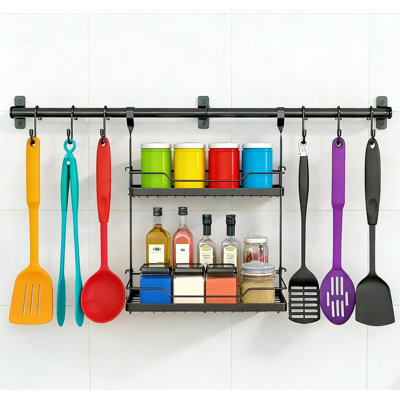 Kitchen Utensil Hanger And Spice Rack With Towel Bar, 3-In-1 Wall Mount Space Saving Metal Organizer, For Kitchen Coffee Bar Pantry Bathroom Garage