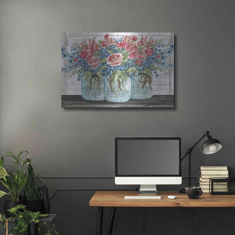 «Red, White & Blue Jars with White Flowers» par Cindy Jacobs, art mural en métal, H 24 po x l 36 po