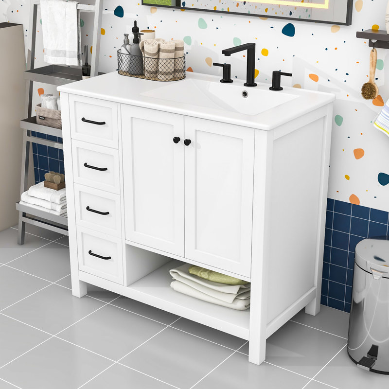 Meuble-lavabo de salle de bain avec comptoir en céramique, armoire de rangement, tiroir et tablette ouverte, Blanc