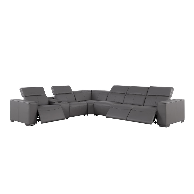 Canapé modulaire en cuir véritable 7 pièces avec 3 sièges inclinables électriques et appui-tête électrique Torrance, Gris