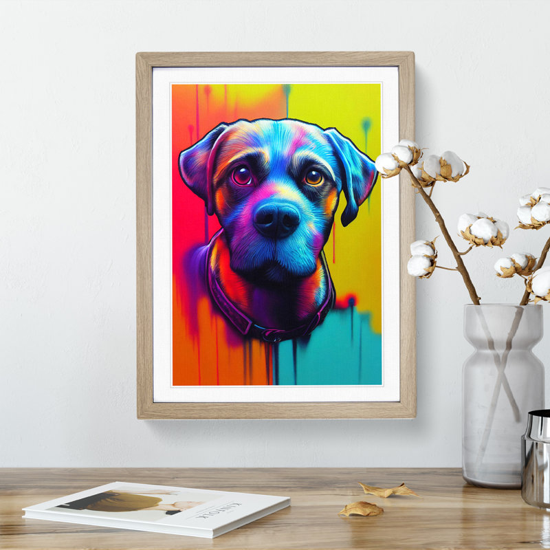 Neon Dog No.1 - Framed Print, 34cm H x 25cm W x 2cm D, Oak