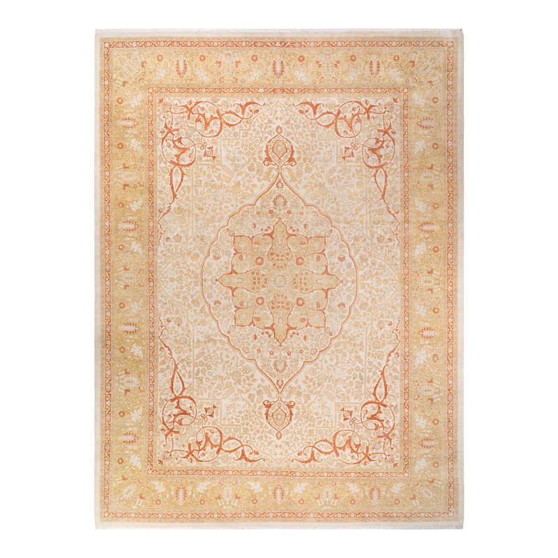 Tapis ivoire traditionnel en laine noué à la main 9 pi 2 po x 12 pi 5 po