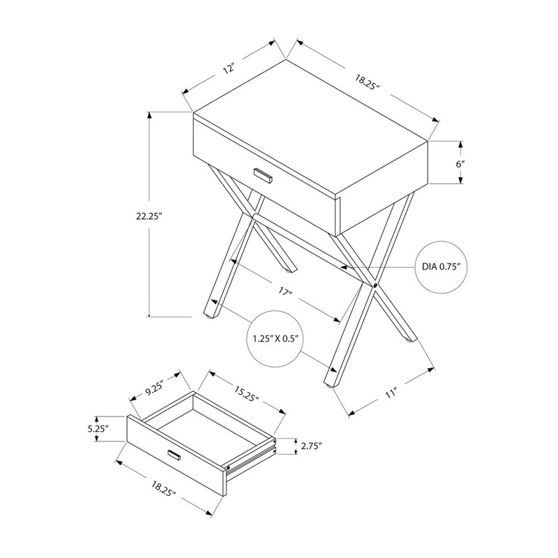 Side Table with Metal X Base Frame, White, Silver