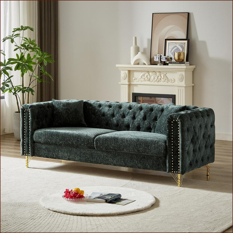 Canapés-lits, canapé en chenille moderne de 60 pouces avec capitonnage à boutons et amp; Garniture cloutée en cuivre | Chenille | Vert sauge