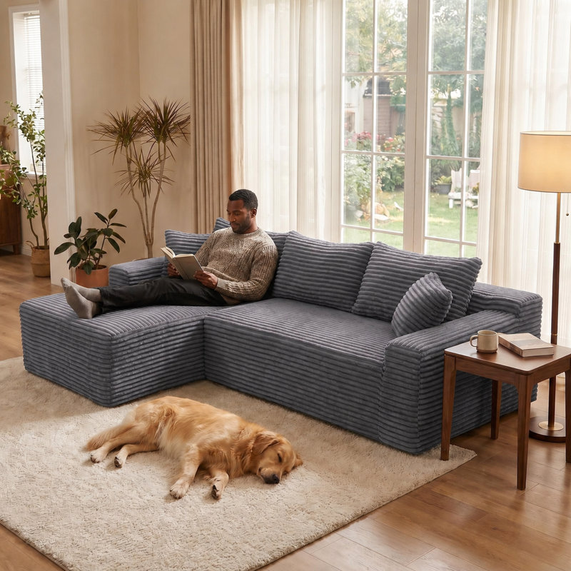 Canapé modulaire en L Corduroy avec méridienne orientée à gauche, Grey, Grey Foam