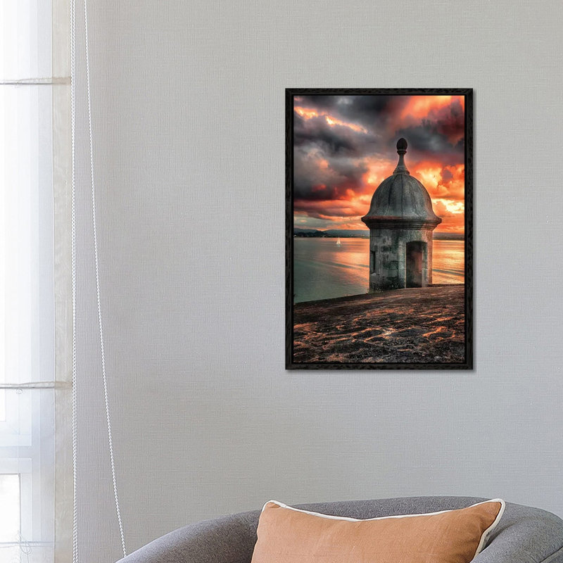 San Juan Bay Sunset With A Sentry Post by George Oze - Print on Canvas, Black Framed Canvas, 66.04 cm H x 45.72 cm W