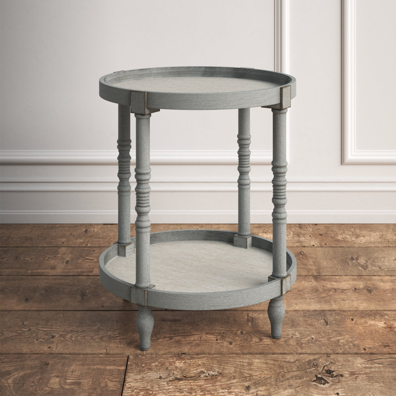 Bellport Classic Round Wood Side Table with Lower Shelf, Distressed Gray