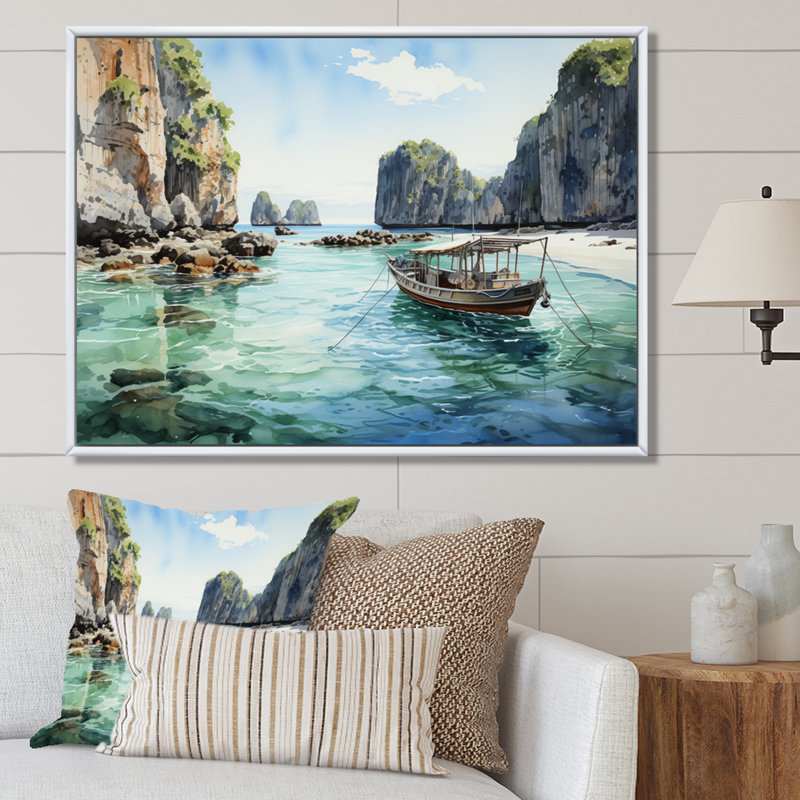 " Phi Phi Islands Beaches III ", 30" H x 40" W x 1.5" D, White Floater Framed