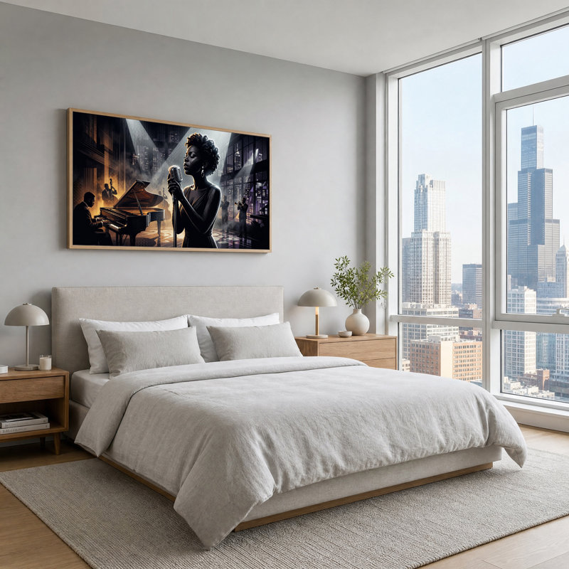 «Jazz Singer With Vintage Microphone And City Skyline», art mural