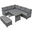 Ensemble de canapé modulaire en rotin de polyéthylène 5 pièces avec 2 tables d'appoint pliables, ensemble de mobilier de jardin en osier en forme de L avec table de salle à manger et banc, coussins-397946248