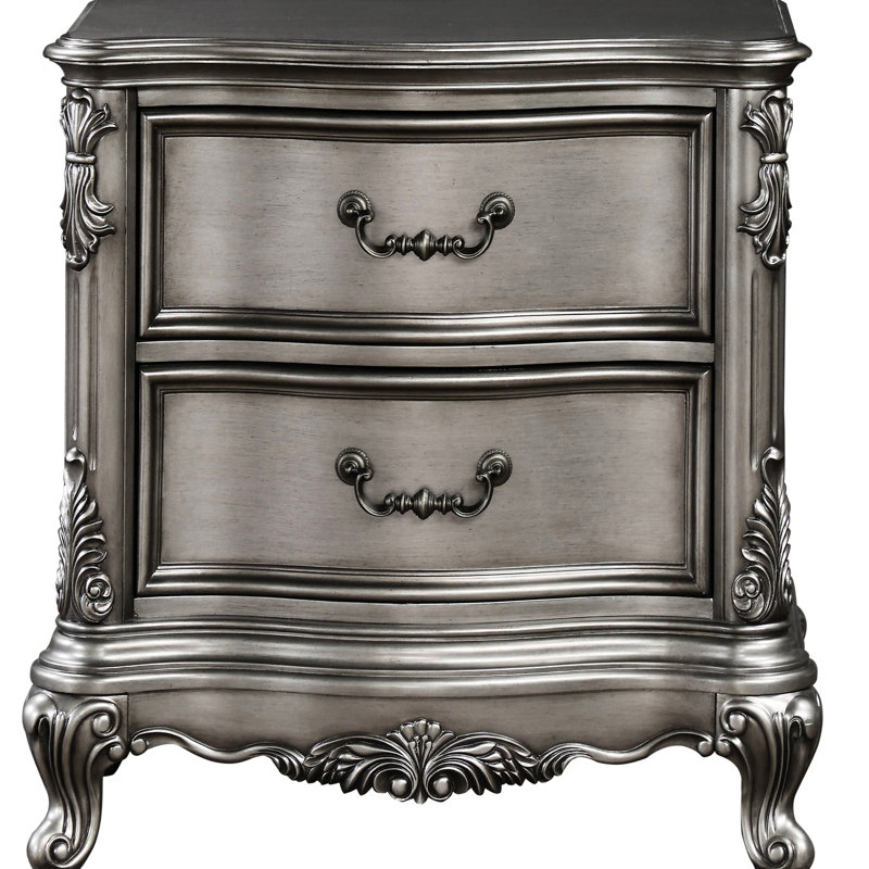 Table de chevet antique en platine avec 2 tiroirs doublés de feutre et Classic Elegance 2 en gris pour une chambre à coucher