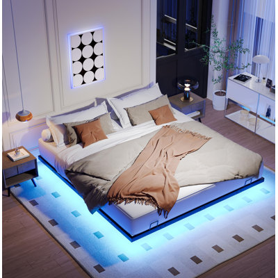 Grandes bases de lit flottantes avec lumières DEL, lit plateforme en métal, solide et stable, sans bruit, aucun sommier requis, assemblage facile