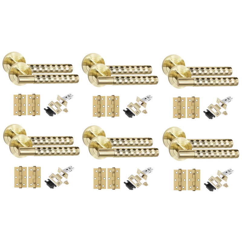 Golden Grace 6 Set Knurled Hex Cut T-Bar Door Handle Set Satin Nickel Finish with Ball Bearing Hinges and Latch