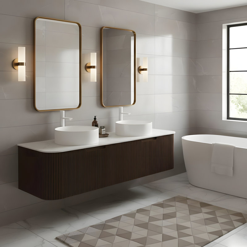 Meuble-lavabo flottant mural 60 po avec 2 lavabos ronds blancs en céramique et 2 tiroirs, 60"