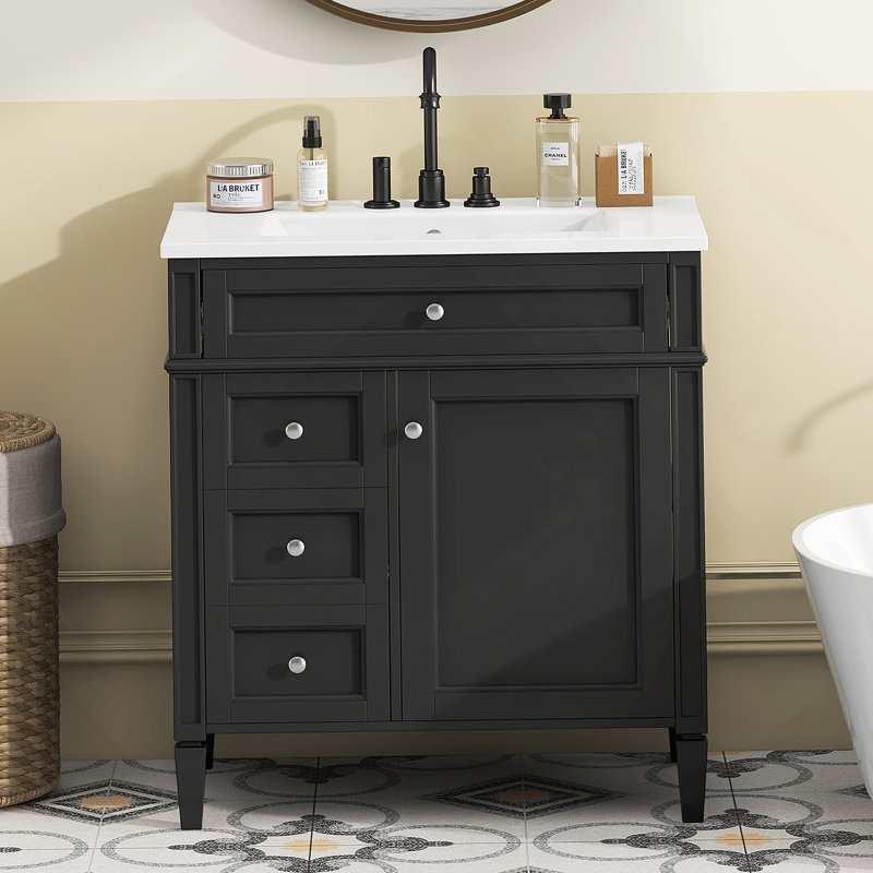 Meuble-lavabo de salle de bain 30 po avec lavabo supérieur, meuble-lavabo moderne avec 2 tiroirs et tiroir basculant, meuble-lavabo simple