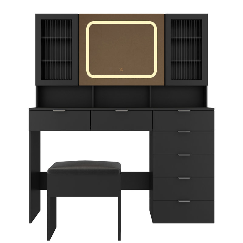 Ensemble de coiffeuse avec miroir lumineux à DEL, Noir, noir, noir, noir, Argent argent