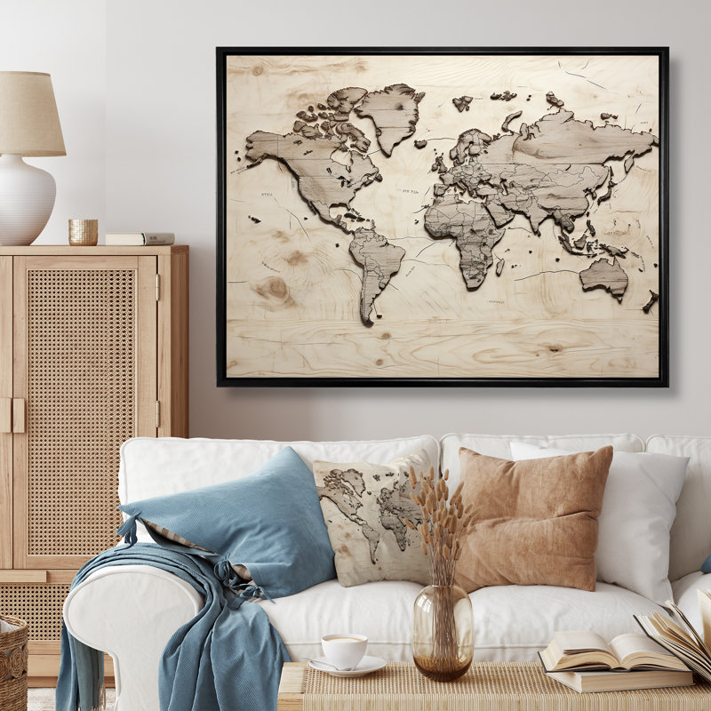 " Rustic Routes World Map ", 16" H x 32" W x 1" D, Black Floater Framed