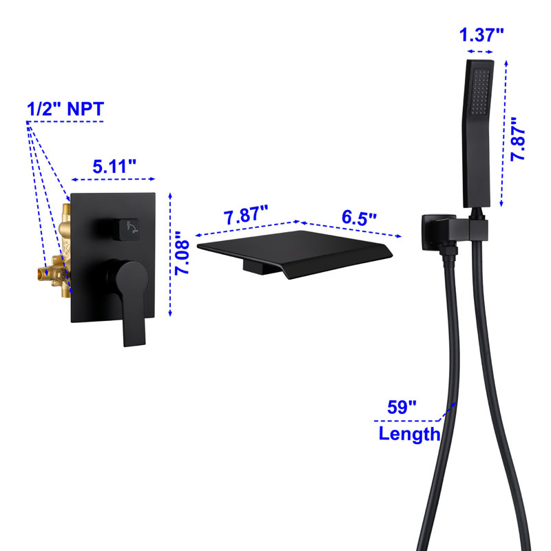 Robinet de baignoire et de douche avec valve brute, Noir