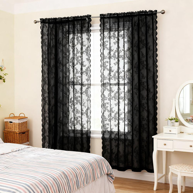 2Pcs Blacklace Flower Romantic Curtains 39X39inch/39X55inch/39X79inch, 39" W x 55" L