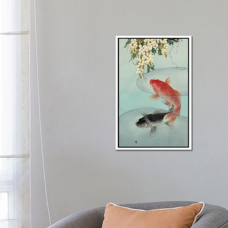 Curious Koi - Painting on Canvas, 66.04 cm H x 45.72 cm W, White Framed